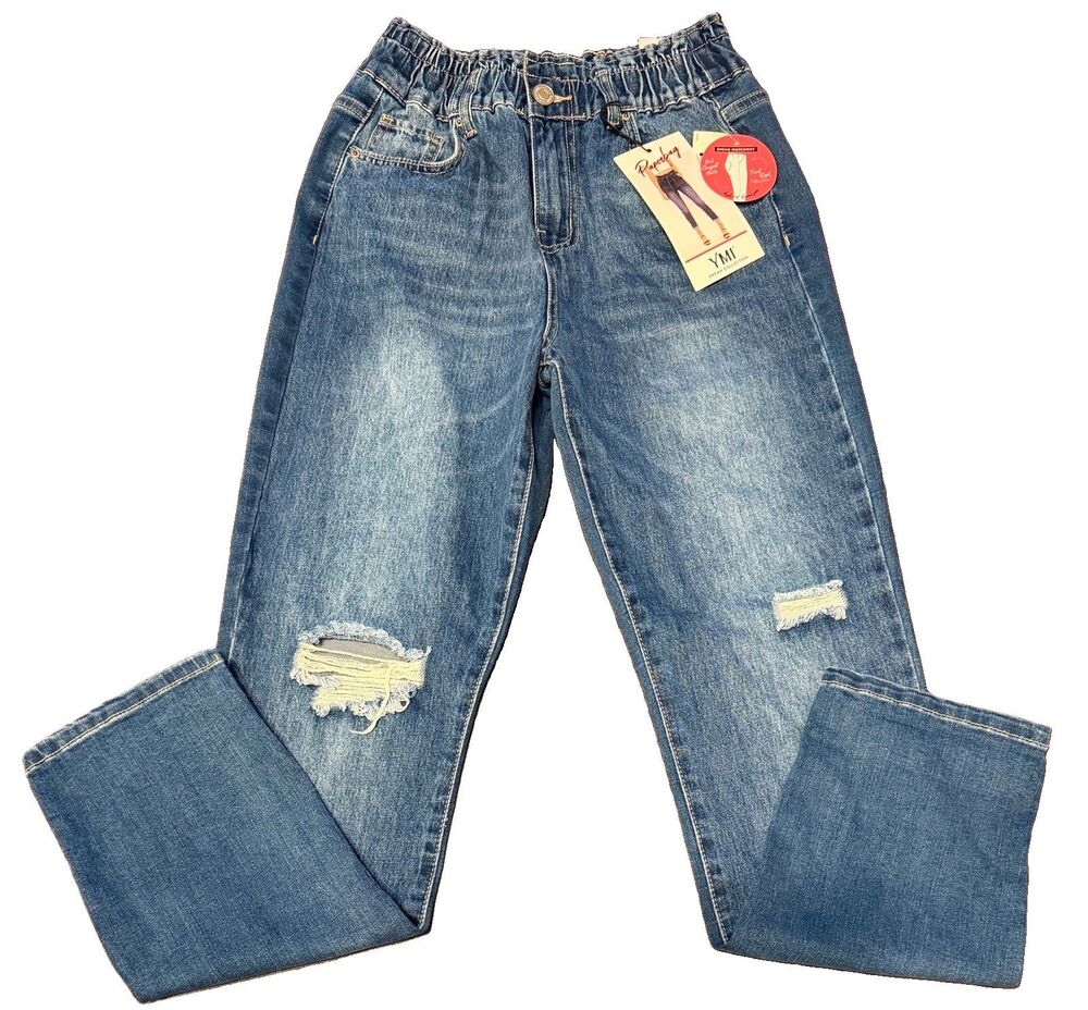 YMI Paperbag Waist Jeans - Size Medium - Distressed, Skinny Leg, Stretch Waist